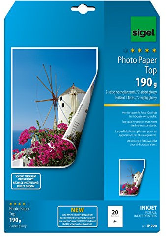 SIGEL IP720 InkJet Fotopapier Top, A4, 20 Blatt, 2seitig hochglänzend, hochweiß, beidseitig bedruckbar, 190 g, für hochwertige Fotografien