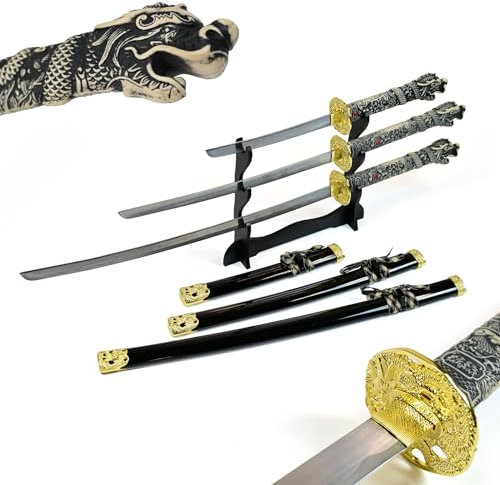 Swords and more Samurai Schwert Set – Highlander Duncan MacLeods Drachenkopf Dekokatana mit hölzernem Schwertständer, Katana, Wakizashi und Tanto als Samuraischwert-Deko