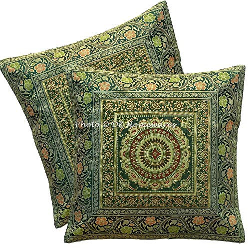 DK Homewares Indisch Couch Zierkissenbezug 40x40 cm Brokat Dunkelgrün Brokat Jacquard Kissenbezüge Couchkissen Reißverschluss Mandala Quadrat Kopfkissenbezüge - 2er-Set (nur Bezug)