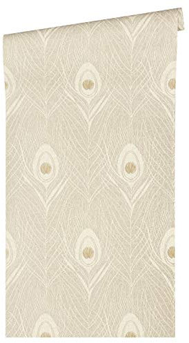 Architects Paper Absolutely Chic 369717 36971-7 Non-Woven Wallpaper with Peacock Feather 10.05 m x 0.53 m Beige Grey Metallic Made in Germany