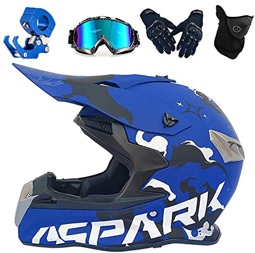 VOMI Casque Motocross Adulte Bleu, Integral Moto Cross VTT Avec Accessoires - Crochet, Goggle, Gant, Masque, Equipement Pour Montagne, Monstre Autocollant (XL 58-59)
