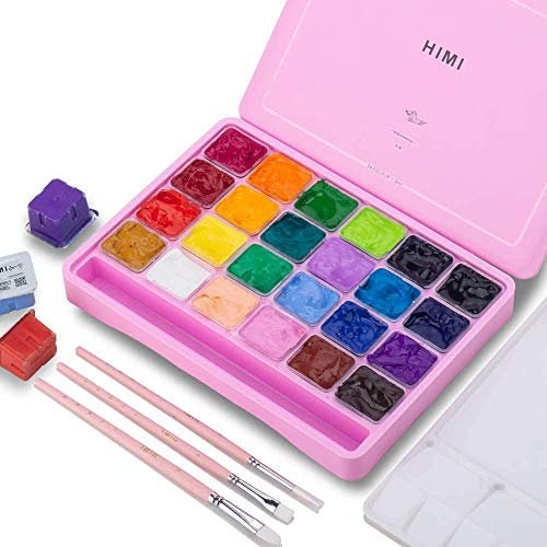 HIMI Ensemble peinture gouache, 24 couleurs x 30 ml avec pinceaux et palette. Design unique en gelée, non toxique. Pour toile papier aquarelle, parfait débutants, étudiants, artistes. (rose)