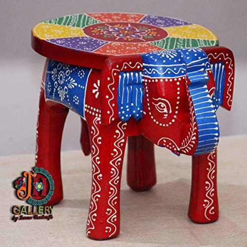 JH Gallery Handcrafted and Hand-Painted Colorful Wooden Elephant Stool, Cum Side Table, Night Stand, Animal Plant Stool for Home/Office/Living or Bedroom Décor (Red)