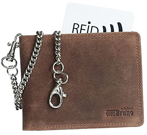 Geldbörse braun mit Kette im schönen Büffel Leder Querformat Bikerbörse mit Kette RFID Kettenbörse Geldbeutel Portemonnaie Scheintasche Männer Herren Dunkelbraun