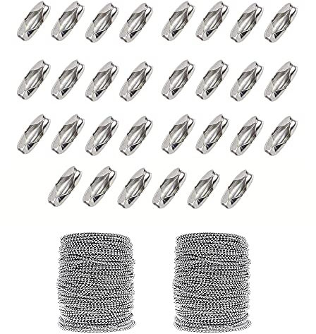 32.8 Feet Stainless Steel 2mm Ball Chains Metal Ball Chain Roll Connectors Clasps for Necklace Extension DIY Jewelry Making