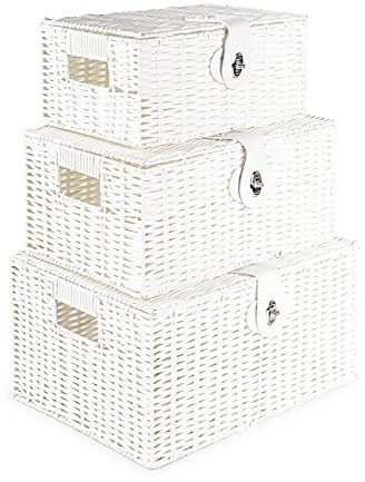 Innoteck Essentials Wicker Storage Basket Set with Lids - Handwoven Decorative Storage Boxes with Handles, Large, Medium & Small - Ideal for Home, Bathroom, Kitchen & Office Organisation (White)