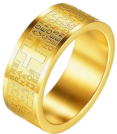 JewelryWe Bibel Gebet Kreuz Ring: 8mm Gold Edelstahl Herren-Ring Damen-Ring Englisch Vaterunser Kreuz Fingerring Band Bandring Religiöse Schmuck Geschenk für Herren Damen Größe 54