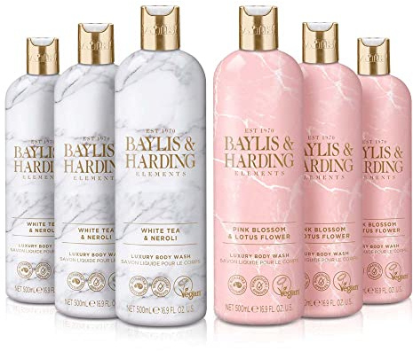 Baylis & Harding Elements Body Wash Bundle: 3 x 500 ml White Tea & Neroli & 3 x 500 ml Pink Blossom & Lotus Flower (6 bottles) - Vegan Friendly