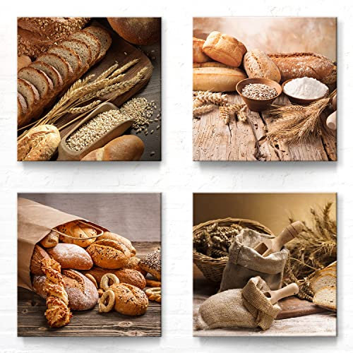 Wandbilder Küche Leinwand, 50x50cm je Motiv. Schöne braune Deko Bilder von Brot, Getreide, Backwaren. Für Küche, Esszimmer. Moderner Kunstdruck auf Leinwand. Aufhängefertig.