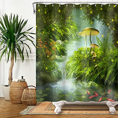 Bovlleetd Tenda da Doccia Fiume Paesaggio Naturale - Piante Verdi, Foglia di Loto, Pietra, Fungo Grande - Impermeabile, Decorativa, Artistica 180x180cm