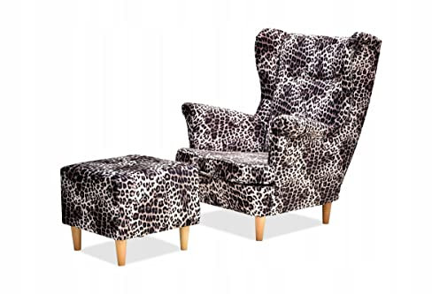 Family Meble Ohrensessel mit Hocker, Modell Print, Skandinavisch, Relaxsessel aus Webstoff, Loungesessel, Ohrensessel mit Hocker, Bequemer Sessel, Für Wohnzimmer, Esszimmer, Schlafzimmer, Panther