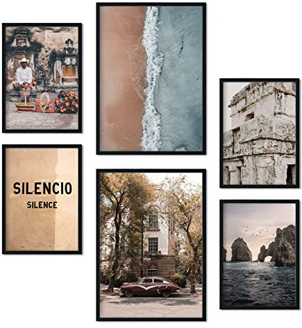 Nacnic Satz von 6 Bilder Vintage Mexico. Ästhetische Wandkunstdrucke für Schlafzimmer oder Wohnzimmerdesign. Größen A3 & A4. Mit schwarzer Rahmen.