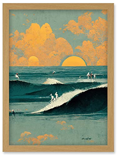 Wee Blue Coo Surfers Surfing Chasing Waves at Sunset Teal Mustard Abstract Oil Paint Artwork Framed Wall Art Print A4