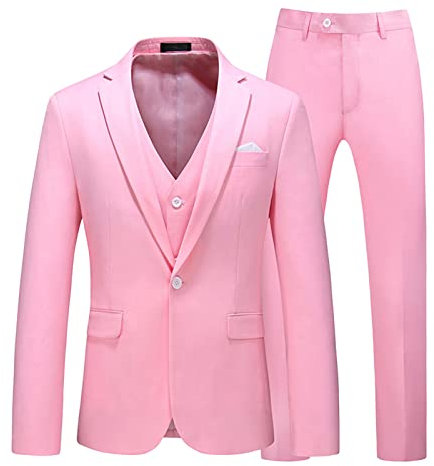Costume 3 Pièces Slim Fit pour Homme Ensemble Veste et Pantalon à Revers Cranté à Un Bouton Ensembles de Costumes de Blazer d'affaires de Mariage Solides (Rose,L)