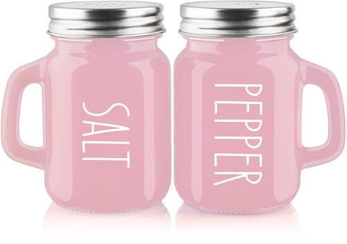 Pink Salt and Pepper Shakers Set - Pink Kitchen Accessories - Pink Kitchen Decor - 4 oz Glass Salt and Pepper Set for Cooking Table, RV, BBQ, Easy to Clean & Refill