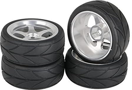 Mxfans Schwarze Gummireifen & 4 STÜCKE 5-Speichen-Felgen Silber Al. Upgrade für Onroad-Rennwagen, 4er-Pack