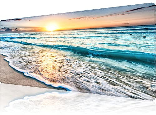 Sunrise Beach Wave Gaming Desk Mat - XL 31.5x11.8 in Extended Big Mouse Pad with Non-Slip Base and Stitched Edges - Waterproof Computer Keyboard Mat