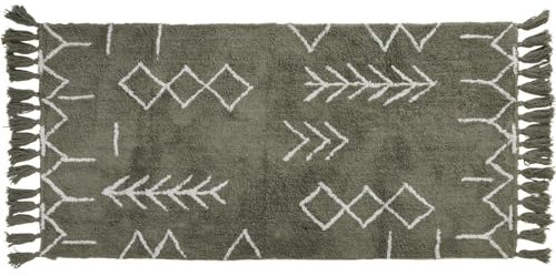 Decor Space Pelziger Badteppich aus rutschfester Baumwolle mit Boho und Quasten Muster (70 x 140 cm)