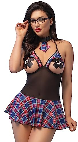 Damen Dessous Dienstmädchen Set sexy Kostüm 5 teilig Brille, Krawatte,Minikleid, String und Nipple Cover Schoolgirl
