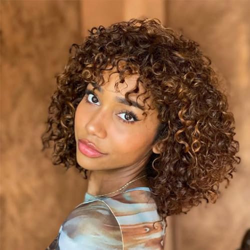 DÉBUT Echthaar Perücke mit Pony Kurze lockige Bob Perücke Echthaar Jerry Curl Bob Perücke für schwarze Frauen 150% Dichte nicht Spitze vorne Kleberlose Perücke(30 cm, P4/30/27)