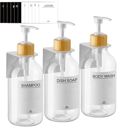 RISAKOGO Seifenspender Wandbefestigung Ohne Bohren,3er Set 500ml Seifenspender Wand Schampoospender Dusche Spülmittelspender Shampoo Spender für Küche Bad(Transparente)