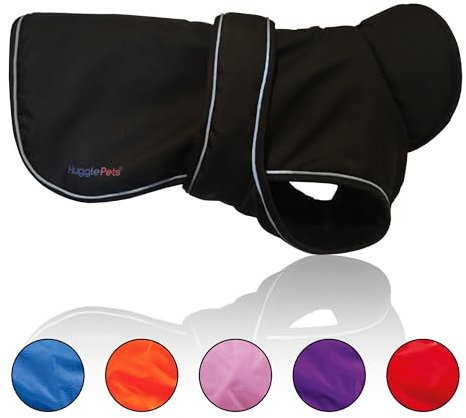 Hugglepets Arctic Armour Waterproof Thermal Dog Coat - Black (Large 50cm) Reflective Microfleece-Lined Coat for Large Dogs with Adjustable Hook & Loop Fastening & Zipper for Harness or Collar.