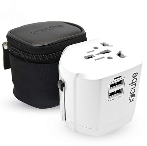 iBlockCube Worldwide Travel Plug Adapter with 2 USB (2.4A) Charging Ports, International Universal AC Socket, Chip Protector for US UK EU AU Mobile Phone Tablet Laptop Gadget (Black)