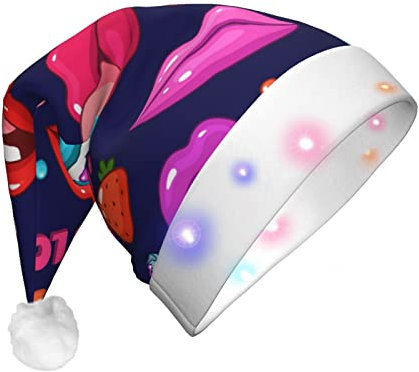 ZORIN Weihnachtsmützen mit leuchtenden Lichtern, modischer Pop-Art-Stil, Lippe, Plüschbesatz, Unisex, Weihnachtsmannmütze für Urlaub, Party, Cosplay, Weihnachtsschmuck für Herren, Damen, Erwachsene