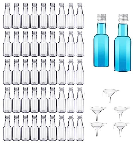 DAJAVE 50 Stück Kleine Flaschen zum Befüllen 60ml Kleine Likörflaschen zum Befüllen, Mini FläschCchen Plastik Shot Flaschen Schnapsflaschen zum Befüllen mit Trichter und Schraubverschluss Flaschen