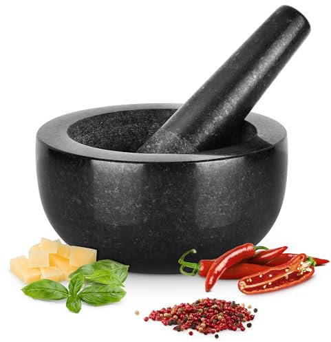 Gourmeo Mortier Pilon Cuisine - Accessoire Cuisine en Granite de 16 cm de Diamètre pour Broyage des Épices Guacamole Pesto Noix Mojito - Mortier et Pilon Concasseur a Grain Noir