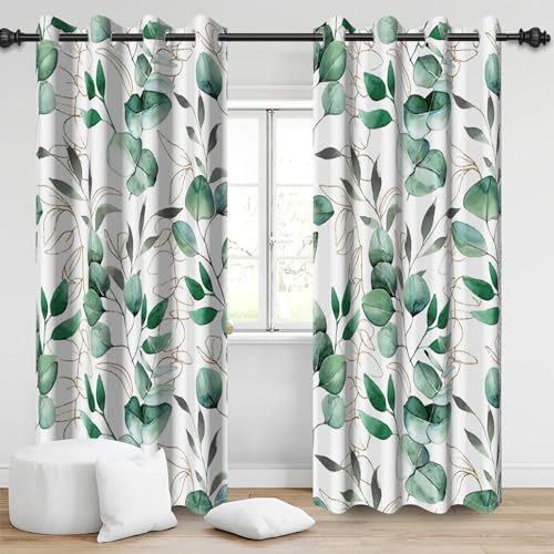 Bovlleetd Botanische Blätter Verdunkelungsvorhänge 117x138cm Salbei Grün Gold Eukalyptus Fenster Vorhänge Aquarell Pflanze Polyester Thermisch isolierte Vorhänge Dekor für Home Wohnzimmer Schlafzimmer
