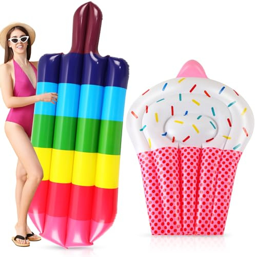 Libima Riesige Pool-Schwimmer, groß, für Obst, Essen, aufblasbar, Ananas, Aubergine, Wassermelone, Eis, Lutscher, Cupcakes, Pizza, Hot Dog, Floß, Sommer, Strand, Schwimmbad (buntes Eis, Cupcake), 2