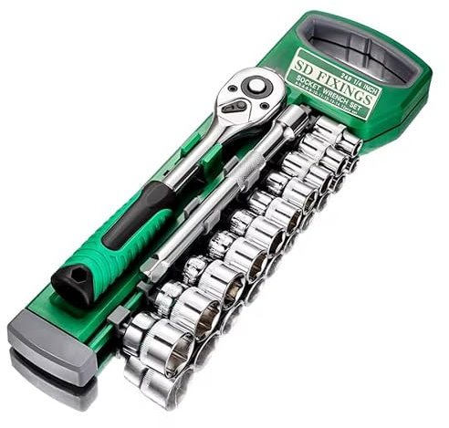 SDFIXINGS 12pcs Metric Socket Drive Set 4-14mm with Quick Release 1/4 Drive Ratchet Wrench 24 Teeth & 4 Extension Bar, High Grade Chrome Vanadium Steel, Rust Resistant, Car Garage Mechanic Home DIY