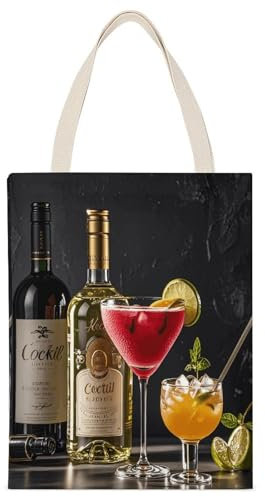 QWNMD Tote Handbags Cocktail Glasses And Wine Bottles Printed Tote Bag Shopping Bags Canvas Tote Bag for Women Shoulder Bag Reusable Grocery Bag Gift Bag, Cocktail Glasses and Wine Bottles, 35*45cm
