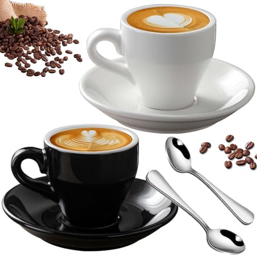 Asfrode Juego de 2 tazas de espresso, 80 ml, de porcelana, con platillo y cucharas de acero inoxidable, para moca, macchiato, té, espresso