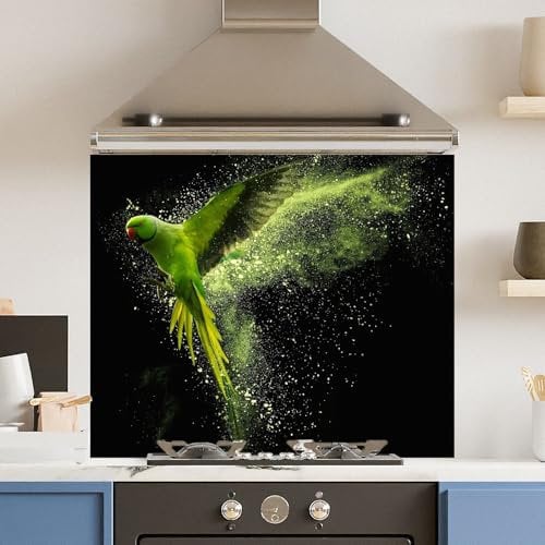 Toughened 6mm Glass Kitchen Splashback 90 x 65cm Green Parrot - Polished Edge Heat Resistant Back Splash for Cookers Hob