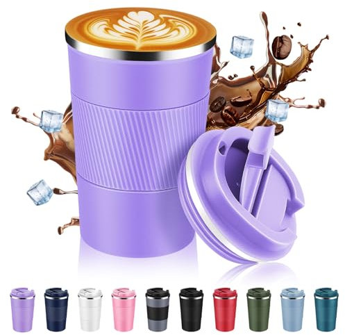 Volhoply 390 ml Edelstahl Isolierter Reise kaffeebecher mit Flip Deckel, Doppelwandige Vakuum Kaffeetasse, Tragbarer Auslaufsicherer Kaffee Thermobecher für Heiße & Kalte Getränke (Lila, 1)