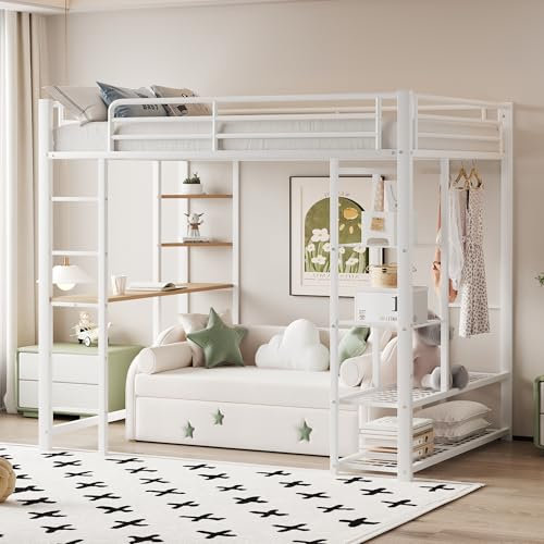 Ctastay Kinderbett Einzelbett 90x200 cm, Bett Metallbett Hochbett mit Tisch & Stauraum Regal, Familienbett Jugendbett mit Rausfallschutz & Leiter, Metall, Ohne Matratze, Weiß