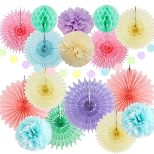 FETETIJD Pastel Party Decorations: Rainbow Paper Fans, Tissue Paper Pom Poms, Honeycomb Balls for Pastel Birthday, Wedding, Baby Shower, Ice Cream Parties