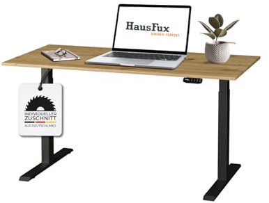 Hausfux Höhenverstellbarer Schreibtisch auf Maß - inkl. 2,5 cm starker, maßgefertigter Tischplatte - 2- oder 3-stufiges Gestell, OLED-Touchpanel (Artisan Eiche & Schwarz, 2-stufig, 180 x 70 cm)
