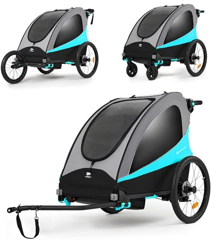 Kinderkraft NAVA 3 in 1, Rimorchio per bambini, Passeggino, Jogger, Carrozzina, Rimorchio per bicicletta, per uno o due bambini, 2x22 kg, Parapioggia, Protezione dagli insetti, Azul