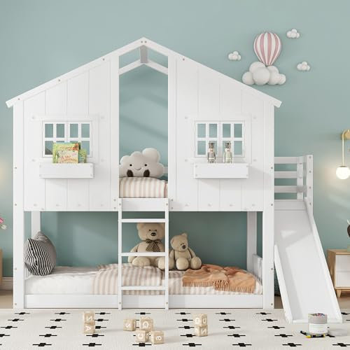 I0I&I0I Kinder-Etagenbett 90x200cm mit Rutsche, Dach, Fenstern, Fallschutzgitter, Leiter, Flexibler Nutzung, Kiefer+MDF,EN747-zertifiziert – Spielbett für Sicheres und Kreatives Kinderzimmer (Weiß)