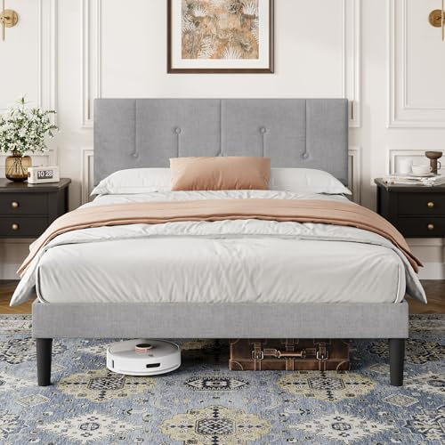 Vesgantti King Bed Frame with Adjustable Linen Headboard, Solid Wooden Slats & Upholstered Platform, Easy Assembly, No Box Spring Needed, Under Bed Storage, 5FT King Bed, 150 x 200 cm, Light Grey
