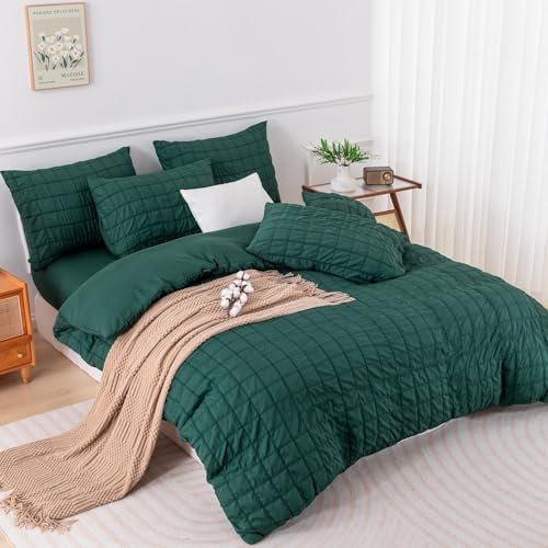 YASMENG Seersucker Bettwäsche 155x220 Dunkelgrün Kariert Bettwäsche Seersucker Weich Atmungsaktiv Mikrofaser Bettwäsche Modern Bettbezug Set 3 Teilig mit Reißverschluss und 2 Kissenbezüge 80x80 cm