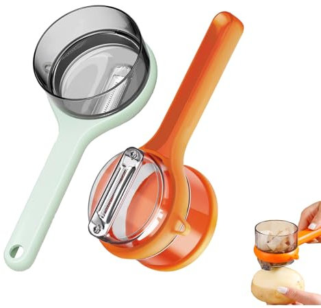 2 Pack Vegetable Peeler with Container, Double-Sided Stainless Steel Blade Peeling Knife with Storage Box, Veggie Peeler with Catcher Bucket for Home Kitchen Fruit Supplies (Orange & Green)