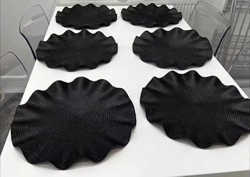 Biznest Set of 6 Round Wavy Rattan Placemat 38 cm, Durable & Stylish Table Mats for Home Dining & Décor (Black)