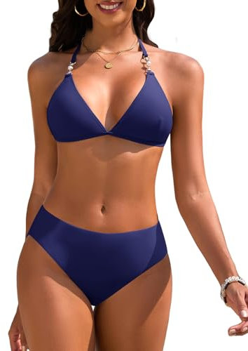 Vijamiy Triangel Bikini Damen Set Sexy Push Up Zweiteiliger Bademode String Bikinis für Damen Neckholder Swimsuit Träger Oberteil mit Riemen Perlen(Marineblau,M)