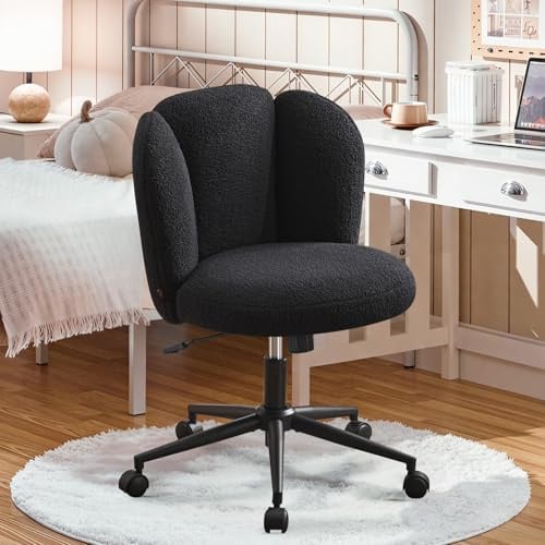 Ckaff Homeoffice Stuhl Schminkstuhl, Schreibtischstuhl Bürostuhl Blütenblatt-Rückenlehne 360° Drehbar Höhenverstellbar Wippfunktion aus Boucé Stoff für Arbeitszimmer Schlafzimmer Homeoffice, Schwarz