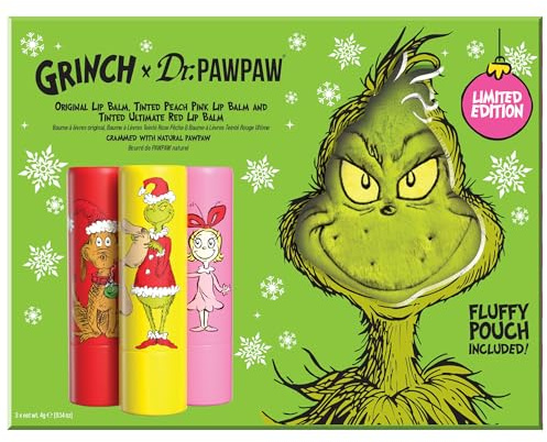 Dr.PAWPAW x The Grinch Lip Balm Gift Set 3 x 4g with Pouch, Original Peach Pink and Ultimate Red Balms, Pawpaw Infused Hydrating and Tinted Lip Care, Vegan Gift Set