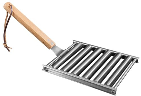 ifundom Edelstahl Wurstroller Grillgestell mit Holzgriff Robustes Outdoor Grillzubehör für Gleichmäßiges Braten von Bratwürsten und Hot Dogs Langlebig Rostfrei Praktisch für Camping